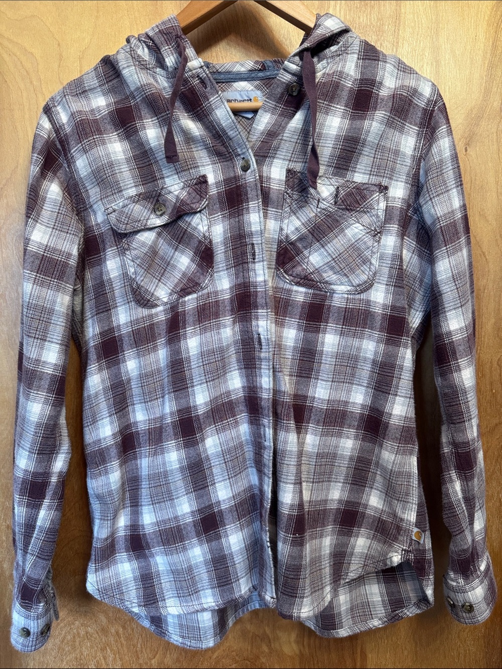 Carhartt Maroon and White Plaid Hooded Flannel Shirt
